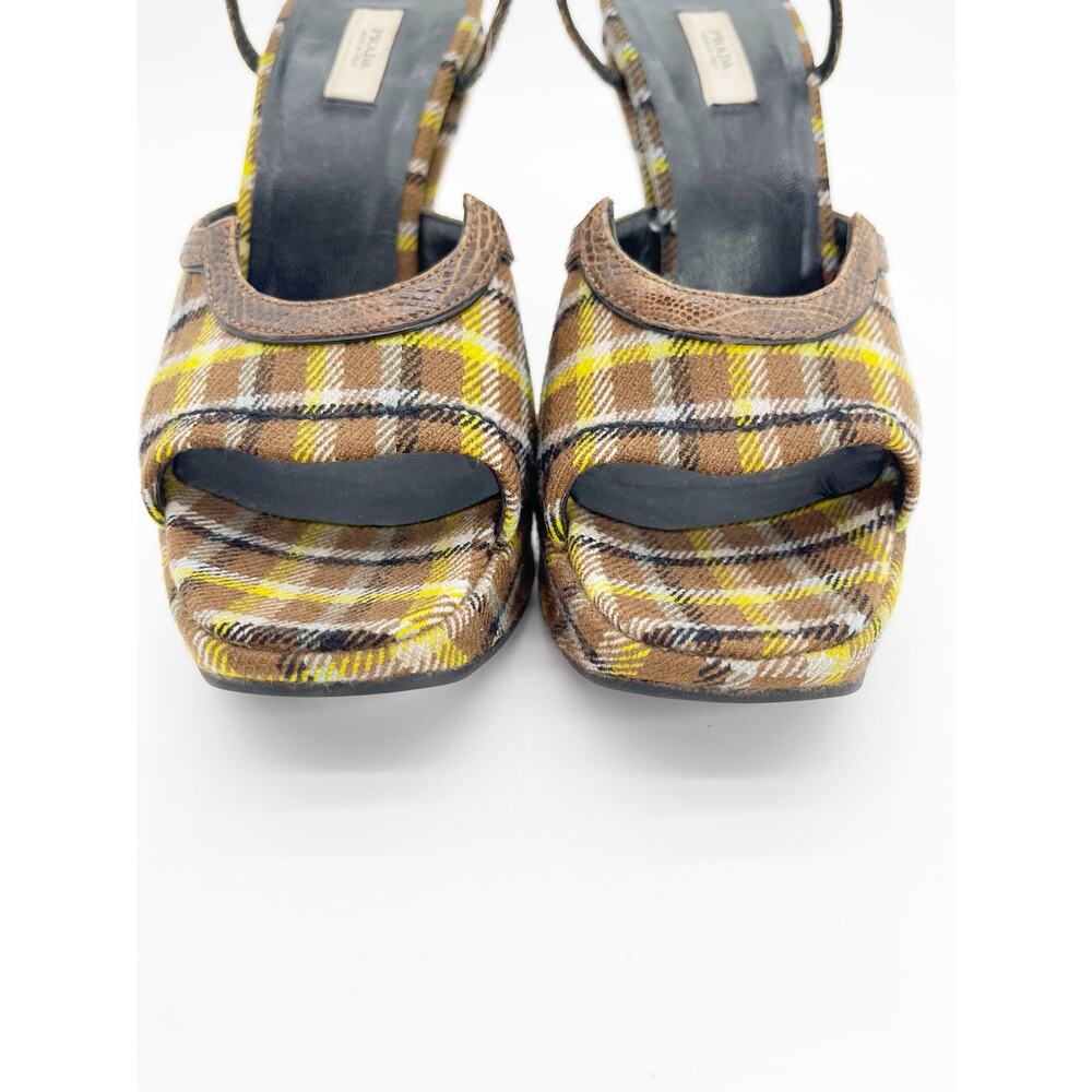 Prada Fall 2004 Runway Brown Yellow Plaid Preppy Sculptural Wedge Sandals IT 35 - Picture 8 of 14